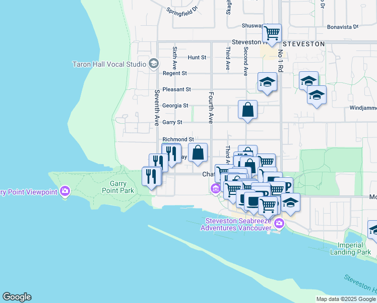 map of restaurants, bars, coffee shops, grocery stores, and more near 3191 Broadway Street in Richmond