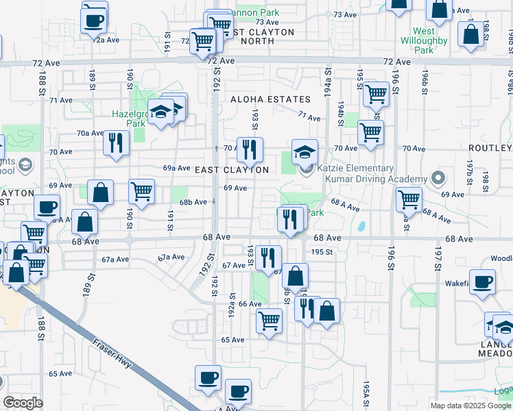 map of restaurants, bars, coffee shops, grocery stores, and more near 19330 69 Avenue in Surrey