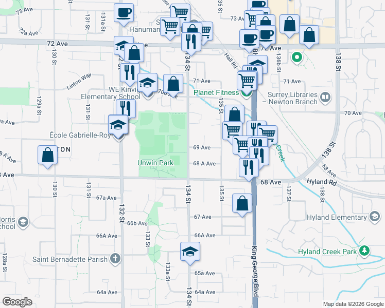 map of restaurants, bars, coffee shops, grocery stores, and more near 6860 134 Street in Surrey
