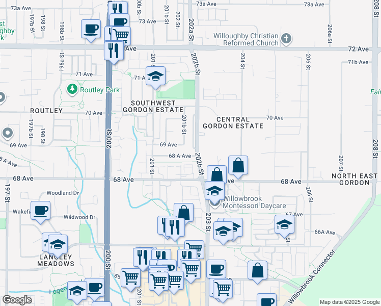 map of restaurants, bars, coffee shops, grocery stores, and more near 20209 68 A Avenue in Langley