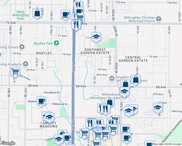 map of restaurants, bars, coffee shops, grocery stores, and more near 20087 68 Avenue in Langley Township
