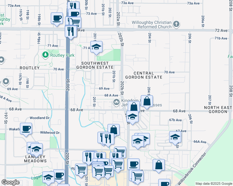 map of restaurants, bars, coffee shops, grocery stores, and more near 20193 68A Avenue in Langley