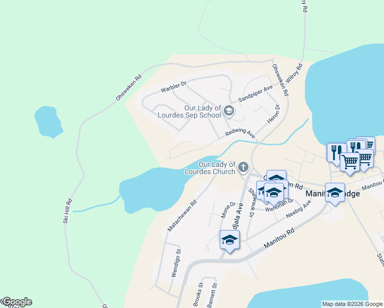 map of restaurants, bars, coffee shops, grocery stores, and more near 48 Redwing Avenue in Manitouwadge