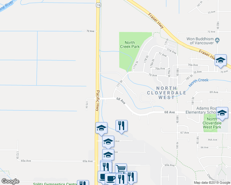 map of restaurants, bars, coffee shops, grocery stores, and more near 6888 177 Street in Surrey