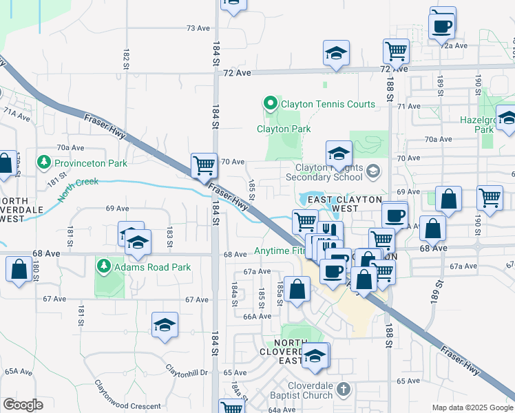 map of restaurants, bars, coffee shops, grocery stores, and more near in Surrey