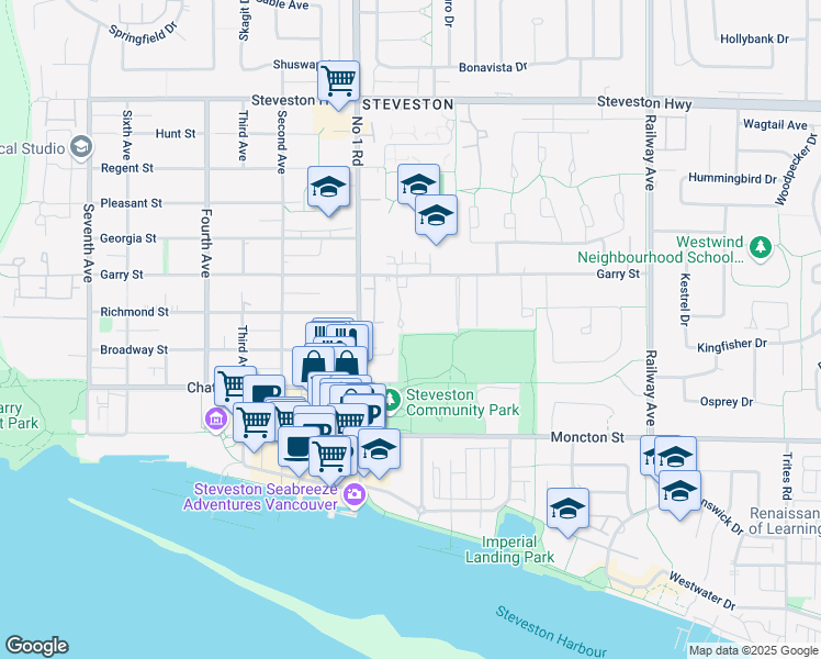 map of restaurants, bars, coffee shops, grocery stores, and more near 11784 Yoshida Court in Richmond