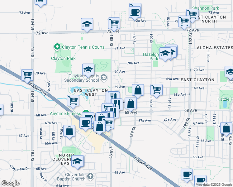 map of restaurants, bars, coffee shops, grocery stores, and more near 18828 69 Avenue in Surrey