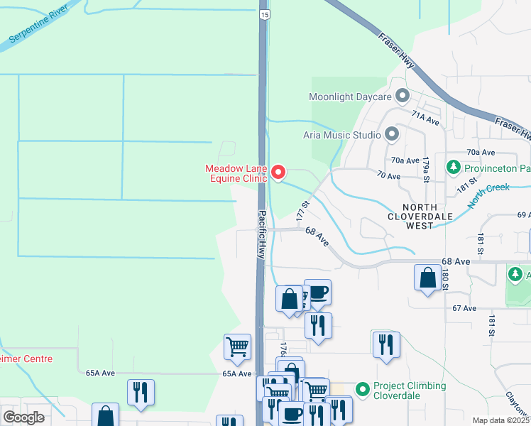 map of restaurants, bars, coffee shops, grocery stores, and more near 1112 Cloverdale Greenway in Surrey