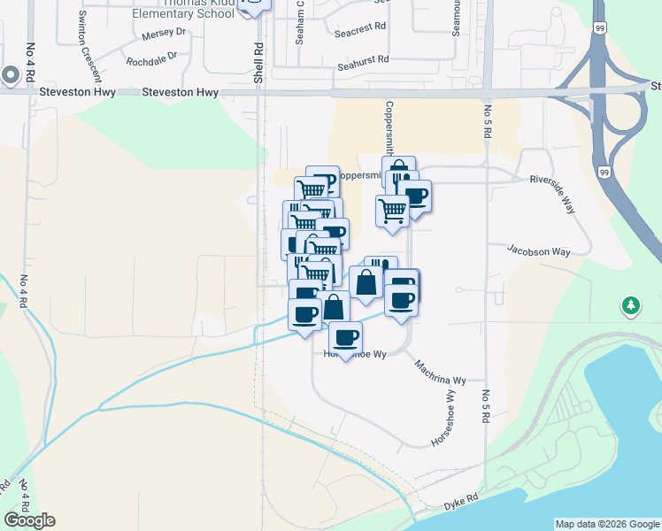 map of restaurants, bars, coffee shops, grocery stores, and more near 11880 Hammersmith Way in Richmond