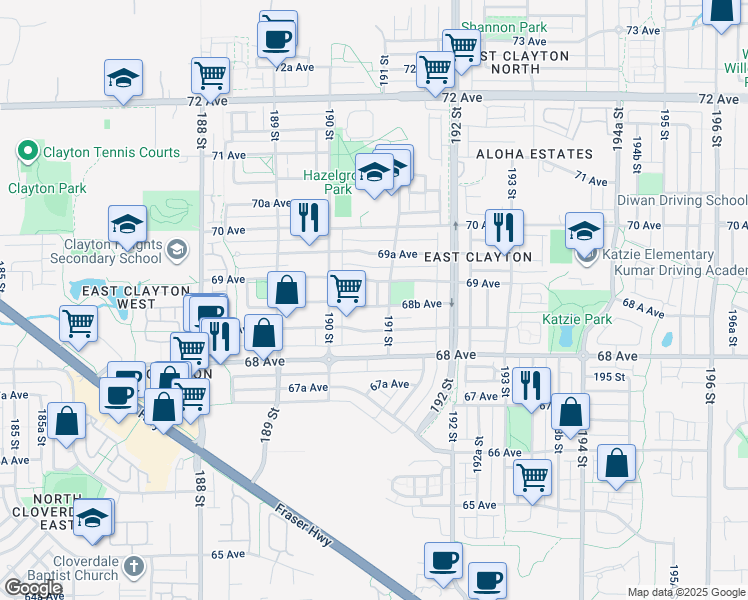 map of restaurants, bars, coffee shops, grocery stores, and more near 19089 68B Avenue in Surrey