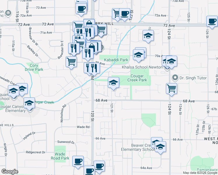 map of restaurants, bars, coffee shops, grocery stores, and more near 6875 121 Street in Surrey