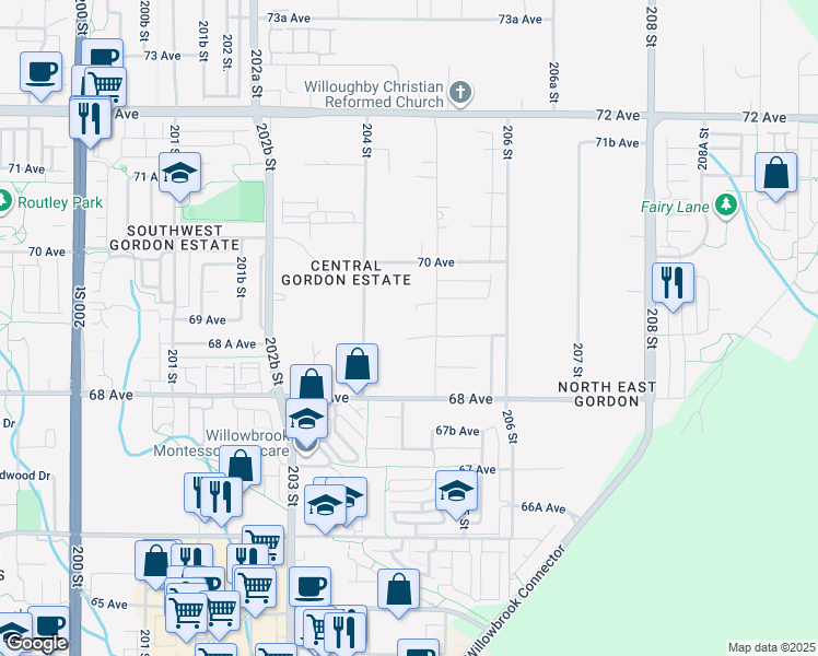 map of restaurants, bars, coffee shops, grocery stores, and more near 6906 204 Street in Langley