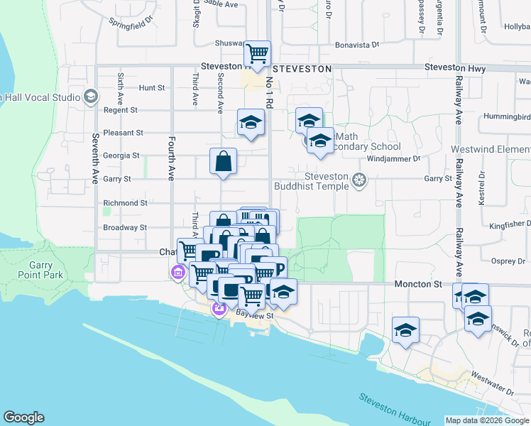 map of restaurants, bars, coffee shops, grocery stores, and more near 11815 Number 1 Road in Richmond