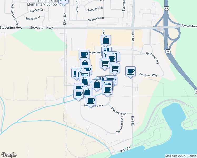 map of restaurants, bars, coffee shops, grocery stores, and more near 11420 Blacksmith Place in Richmond