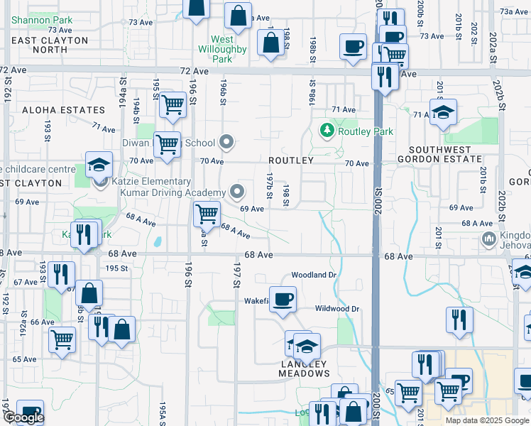 map of restaurants, bars, coffee shops, grocery stores, and more near 19766 69 Avenue in Langley
