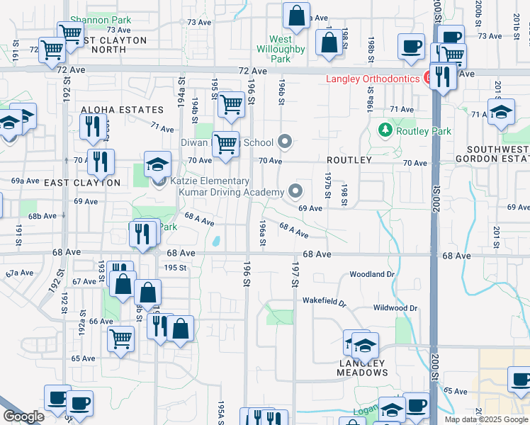 map of restaurants, bars, coffee shops, grocery stores, and more near 19629 68A Avenue in Langley