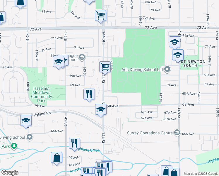 map of restaurants, bars, coffee shops, grocery stores, and more near 6881 144A Street in Surrey