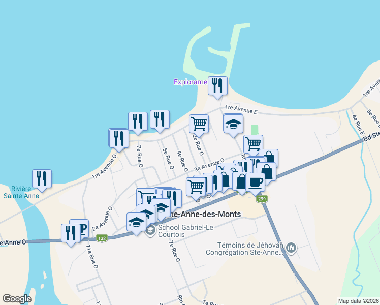 map of restaurants, bars, coffee shops, grocery stores, and more near 47 3e Rue Ouest in Sainte-Anne-des-Monts