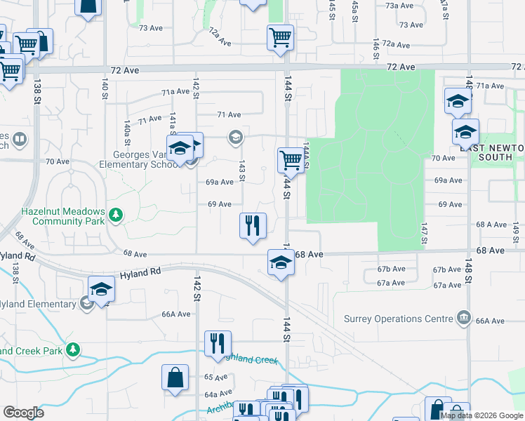 map of restaurants, bars, coffee shops, grocery stores, and more near 14346 68B Avenue in Surrey