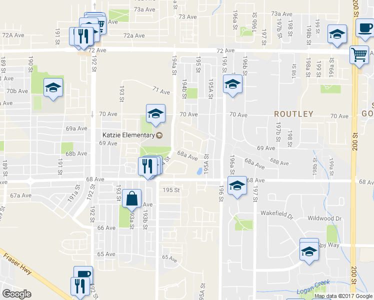 map of restaurants, bars, coffee shops, grocery stores, and more near 19505 68A Avenue in Surrey