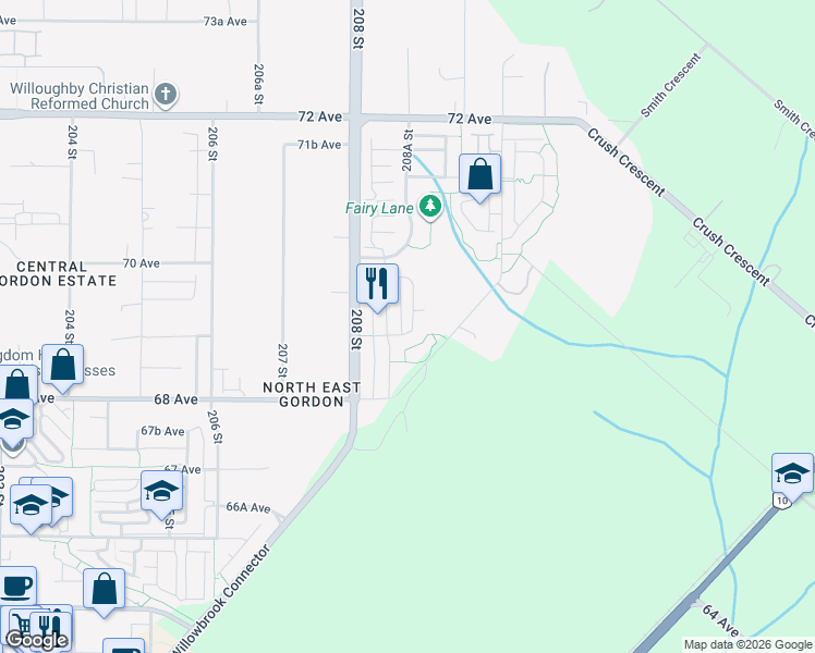 map of restaurants, bars, coffee shops, grocery stores, and more near 6909 208B Street in Langley