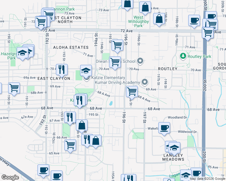 map of restaurants, bars, coffee shops, grocery stores, and more near 6879 195A Street in Surrey