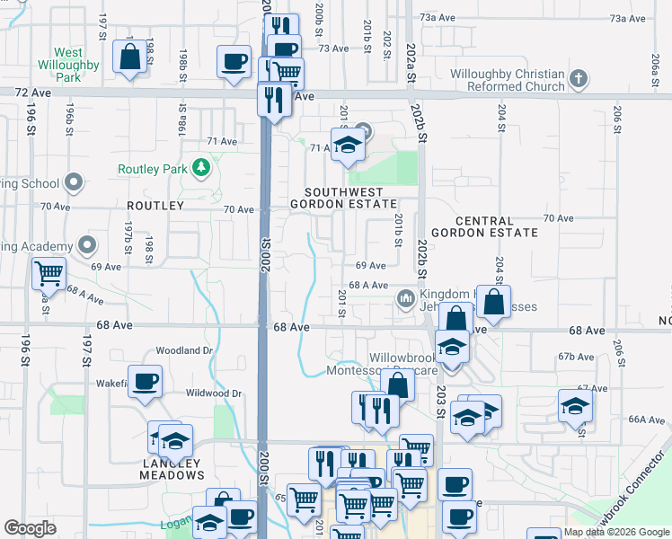 map of restaurants, bars, coffee shops, grocery stores, and more near in Langley Township