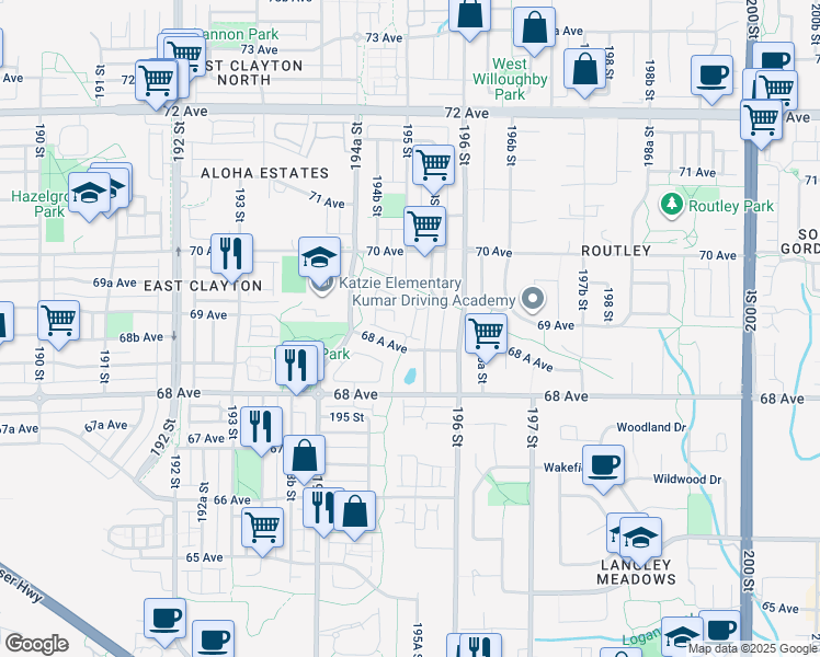 map of restaurants, bars, coffee shops, grocery stores, and more near 19505 68 A Avenue in Surrey
