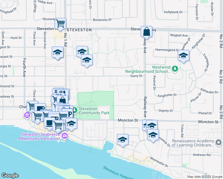 map of restaurants, bars, coffee shops, grocery stores, and more near 4460 Garry Street in Richmond