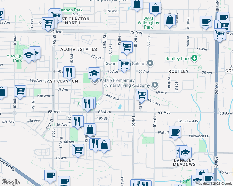 map of restaurants, bars, coffee shops, grocery stores, and more near 19505 68 A Avenue in Surrey
