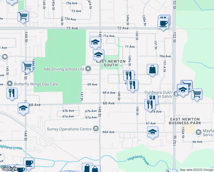 map of restaurants, bars, coffee shops, grocery stores, and more near 14850 69 Avenue in Surrey