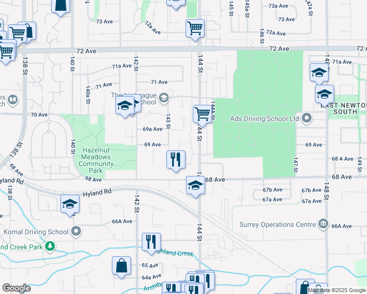 map of restaurants, bars, coffee shops, grocery stores, and more near 14346 68B Avenue in Surrey