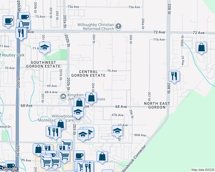 map of restaurants, bars, coffee shops, grocery stores, and more near 6923 205 Street in Langley