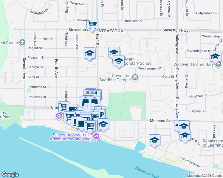 map of restaurants, bars, coffee shops, grocery stores, and more near 11764 Yoshida Court in Richmond