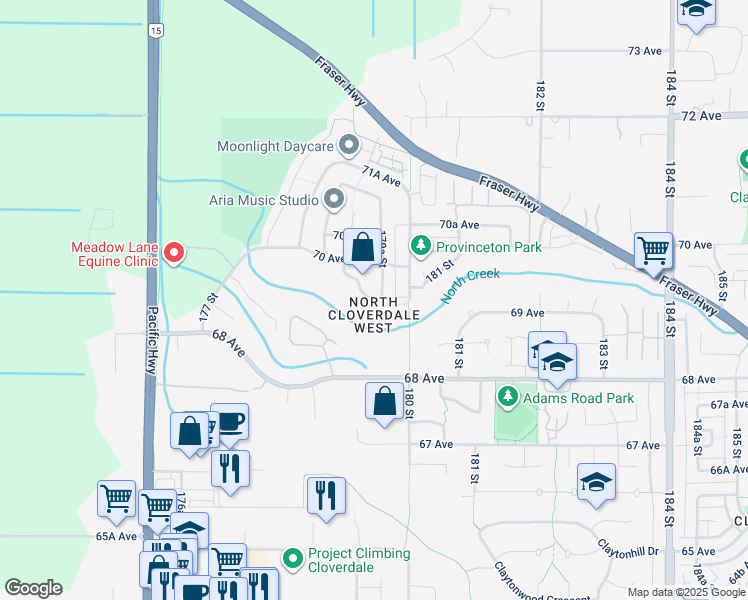 map of restaurants, bars, coffee shops, grocery stores, and more near 179 Street in Surrey