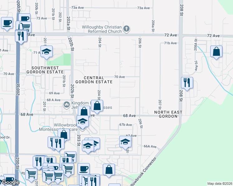 map of restaurants, bars, coffee shops, grocery stores, and more near 6915 205 Street in Langley