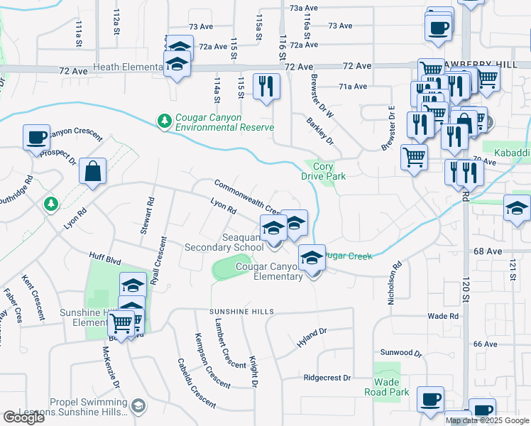 map of restaurants, bars, coffee shops, grocery stores, and more near 11562 Commonwealth Crescent in Delta