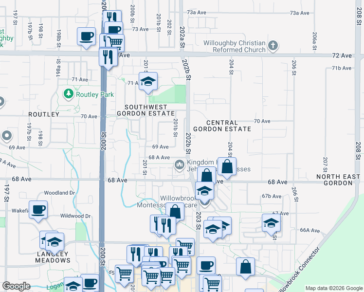 map of restaurants, bars, coffee shops, grocery stores, and more near 6907 202B Street in Langley