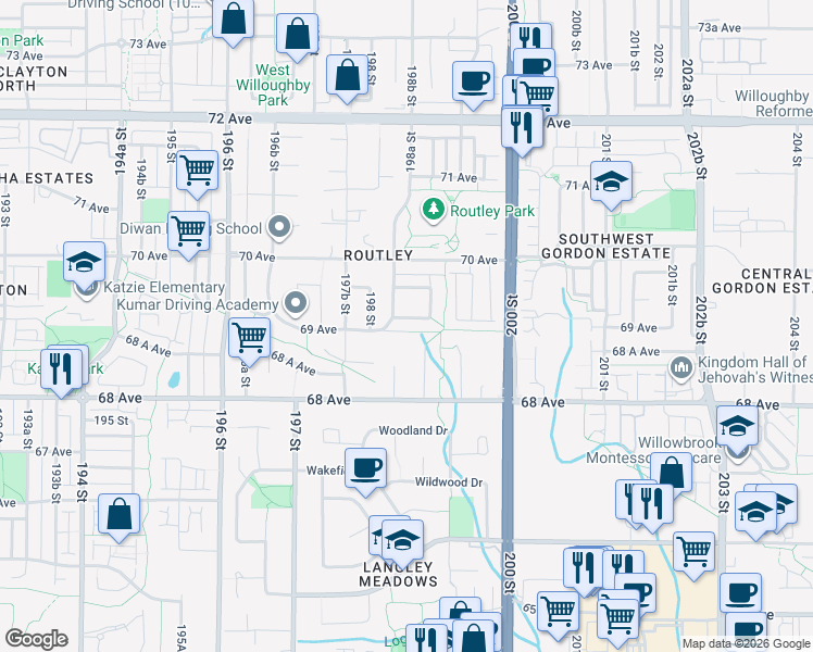map of restaurants, bars, coffee shops, grocery stores, and more near 19846 69A Avenue in Langley