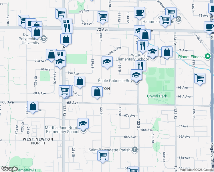 map of restaurants, bars, coffee shops, grocery stores, and more near 6899 Clevedon Drive in Surrey