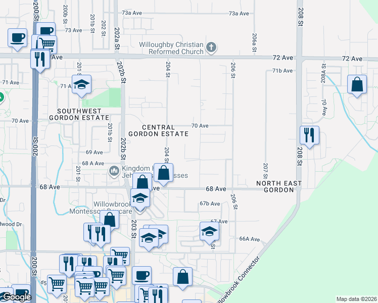 map of restaurants, bars, coffee shops, grocery stores, and more near 6918 204A Street in Langley