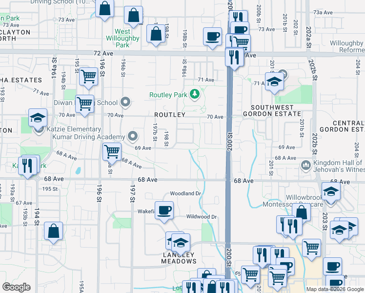 map of restaurants, bars, coffee shops, grocery stores, and more near 19846 69A Avenue in Langley Township