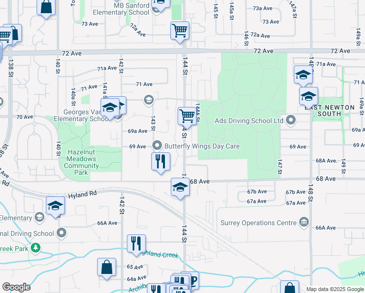 map of restaurants, bars, coffee shops, grocery stores, and more near 6893 144 Street in Surrey