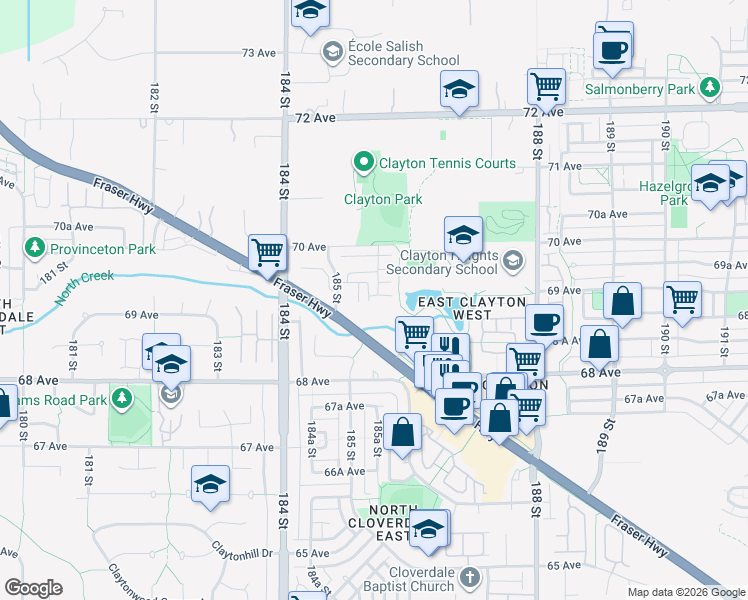 map of restaurants, bars, coffee shops, grocery stores, and more near 18505 Laurensen Place in Surrey