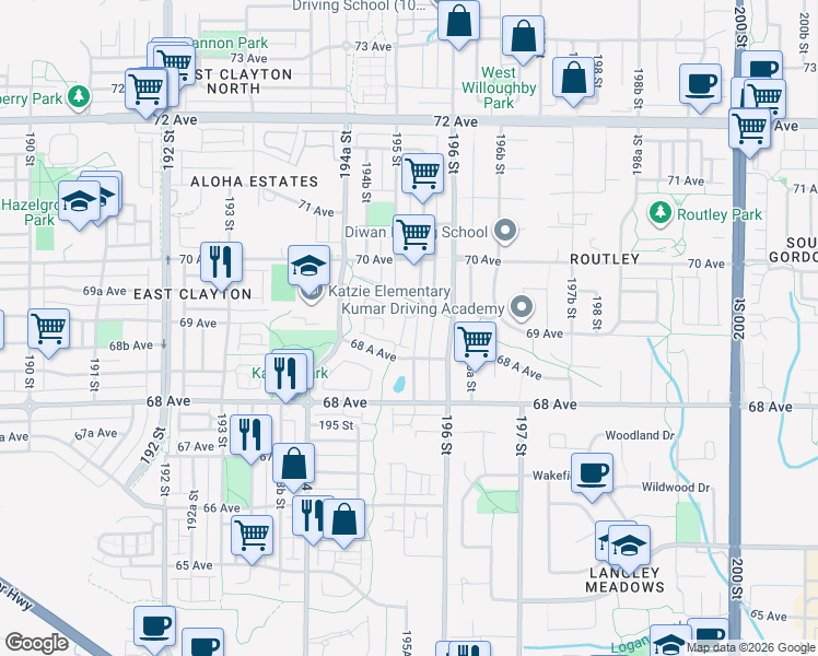 map of restaurants, bars, coffee shops, grocery stores, and more near 6893 195A Street in Surrey