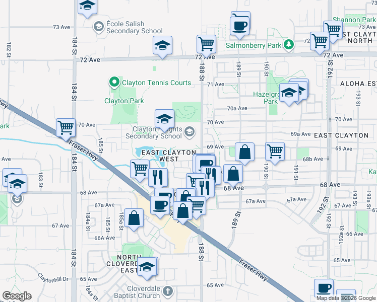 map of restaurants, bars, coffee shops, grocery stores, and more near 6895 188 Street in Surrey