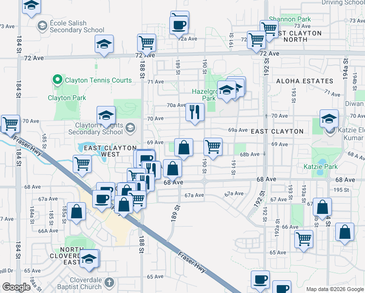map of restaurants, bars, coffee shops, grocery stores, and more near 6888 189 Street in Surrey