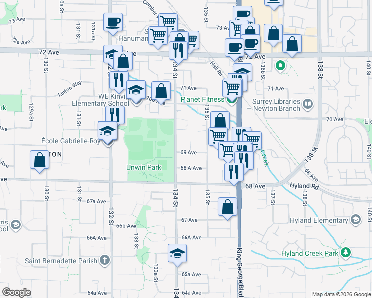 map of restaurants, bars, coffee shops, grocery stores, and more near 6907 134A Street in Surrey