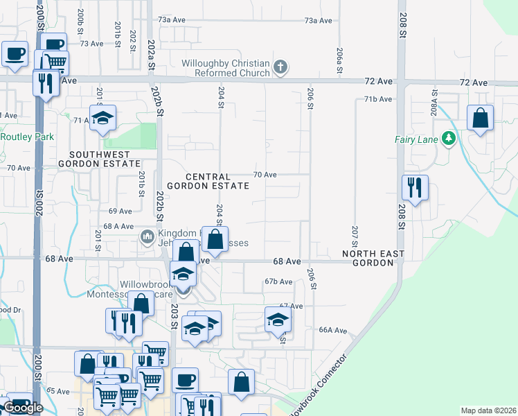 map of restaurants, bars, coffee shops, grocery stores, and more near 6919 205 Street in Langley