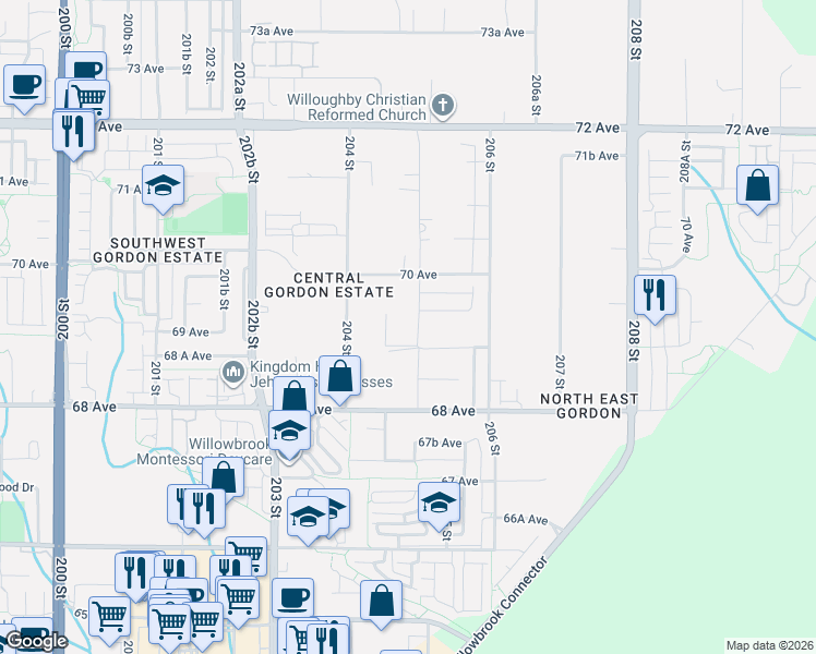 map of restaurants, bars, coffee shops, grocery stores, and more near 6919 205 Street in Langley